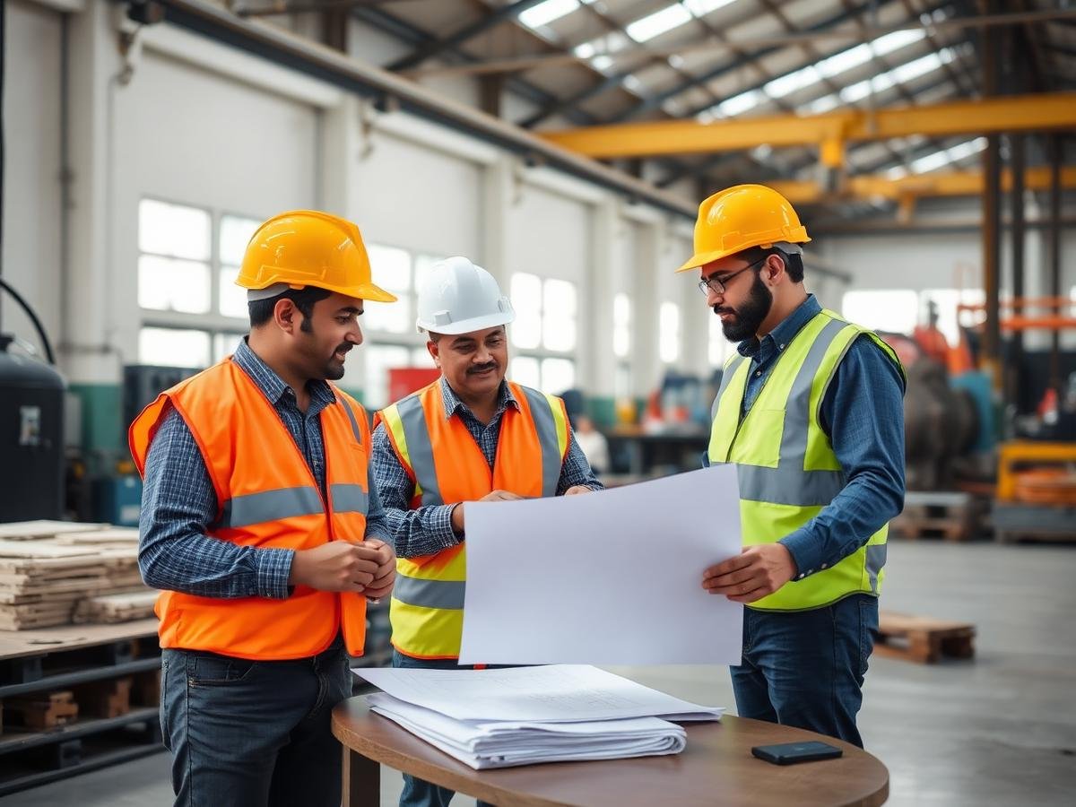 Engineers reviewing fabrication drawings on the shop floor