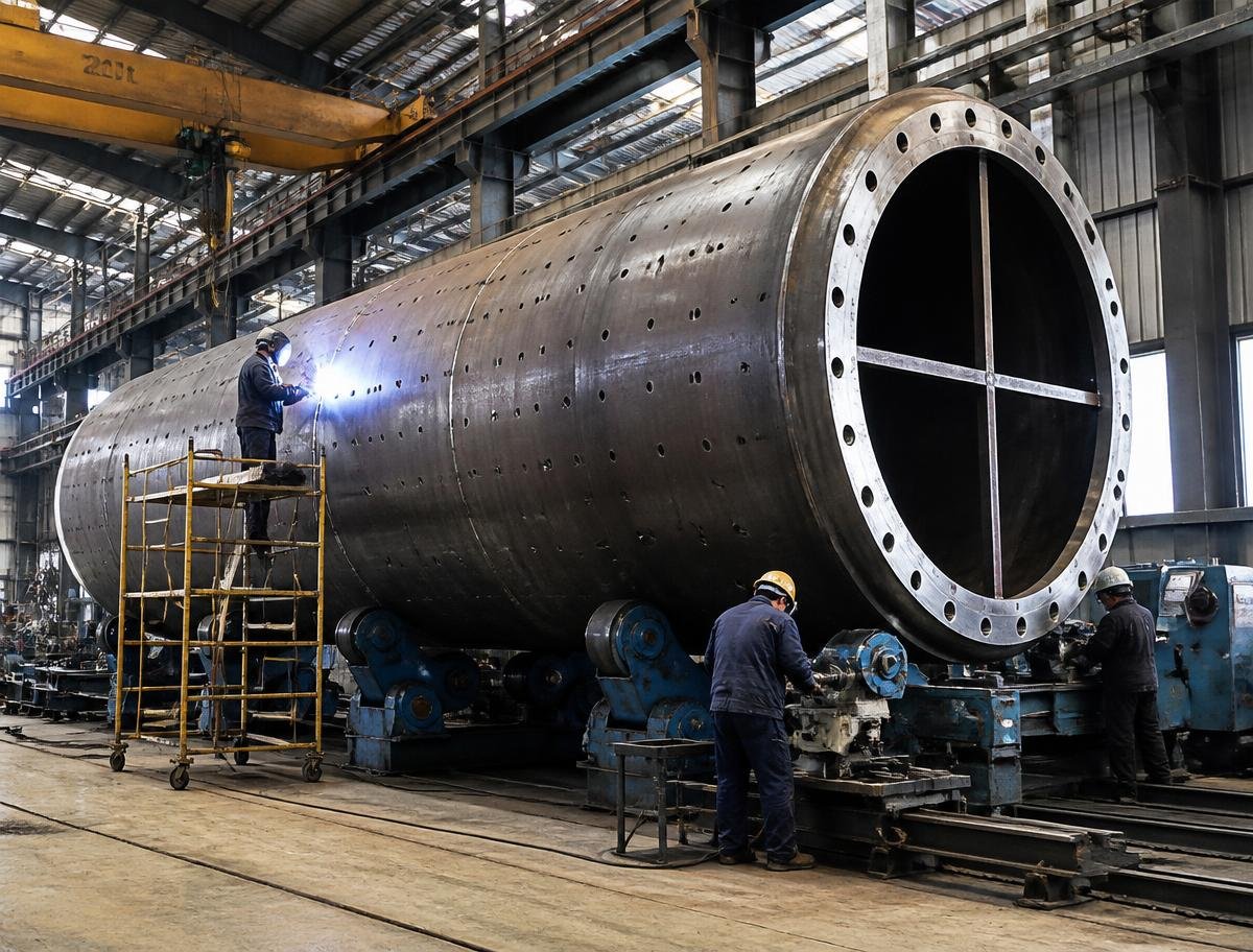 Rolled steel ball mill shell under fabrication in the SHEW workshop