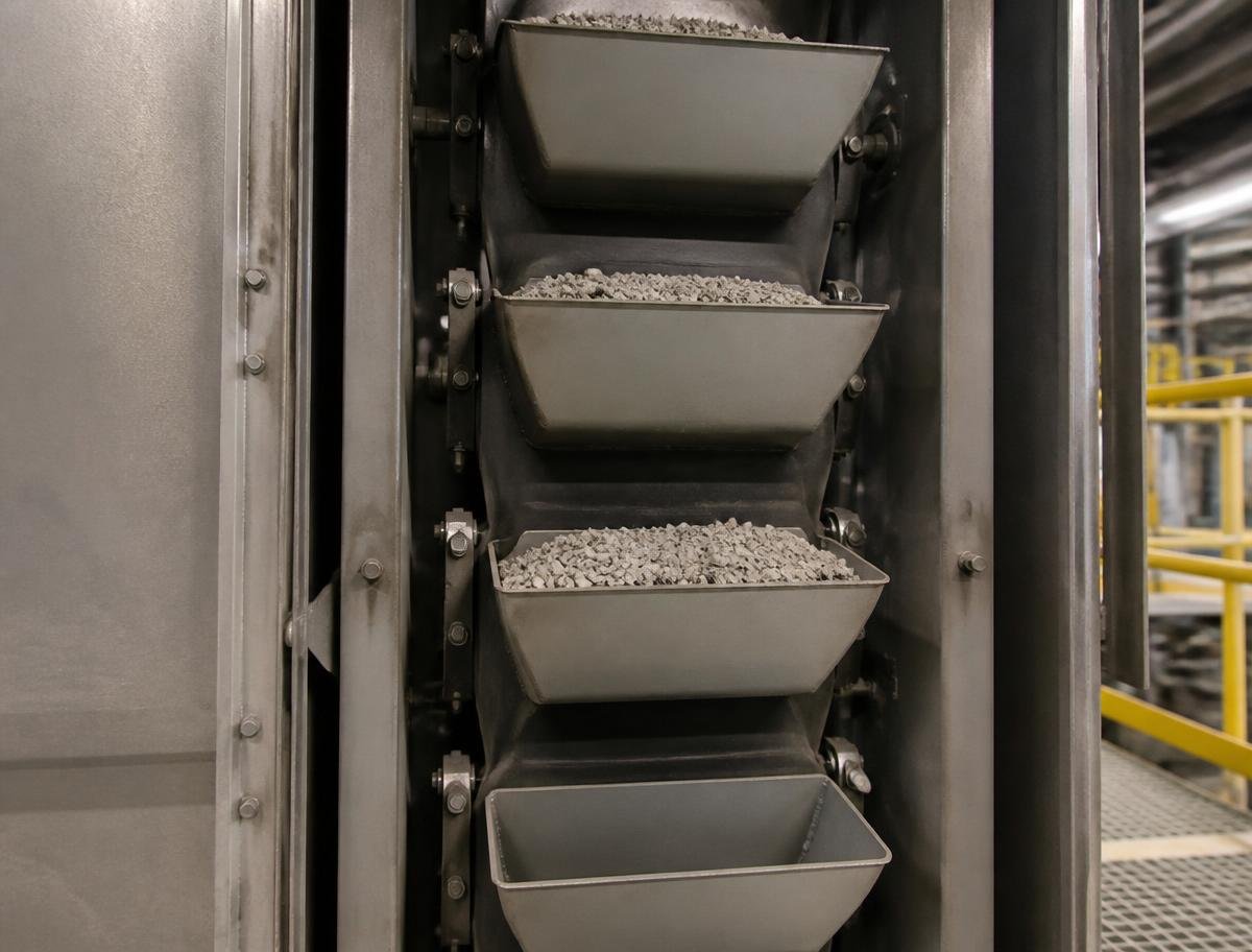 Bucket elevator buckets mounted on belt inside steel casing carrying bulk material