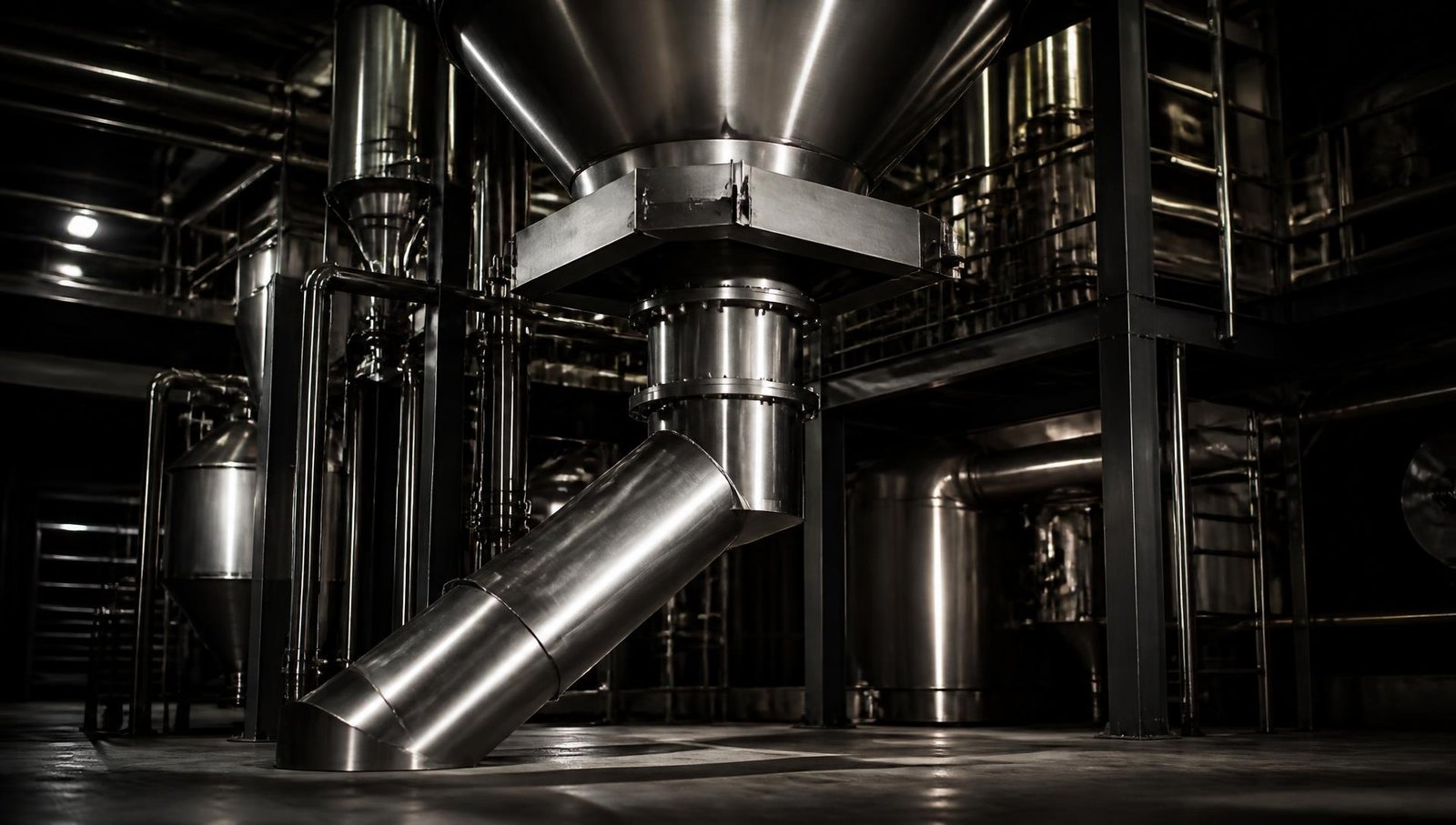 Stainless steel gravity flow chute and hopper line in a dry powder handling plant