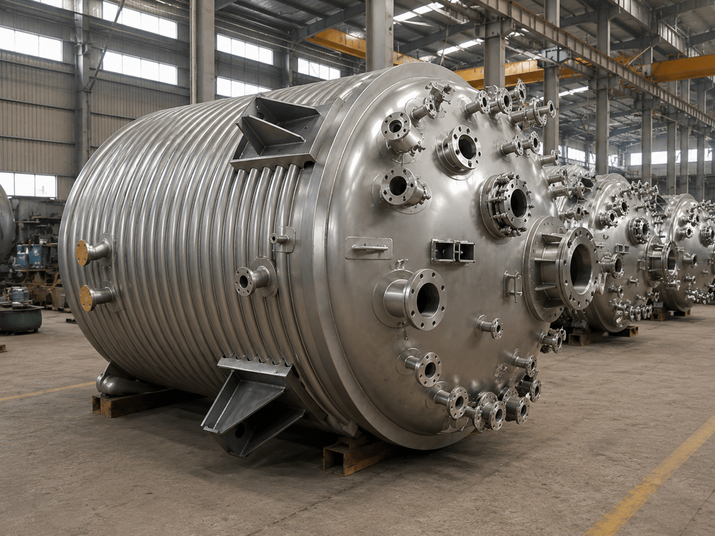 Stainless steel reactor vessel with top-mounted agitator drive in a clean process plant