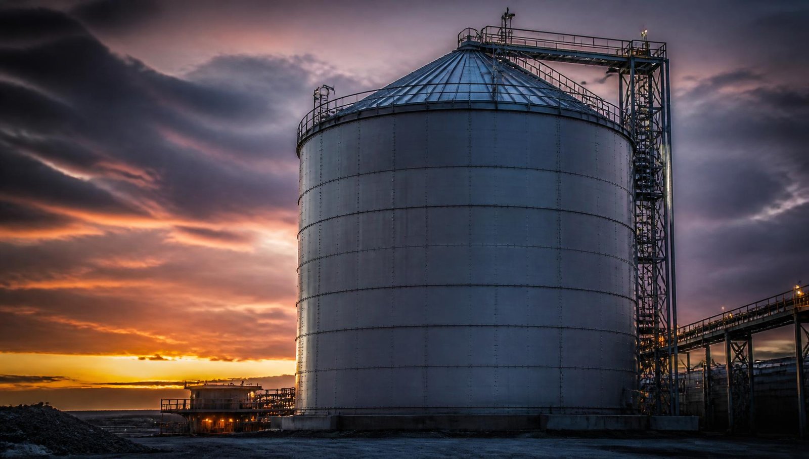 Large industrial bolted steel storage silo at a mineral processing plant