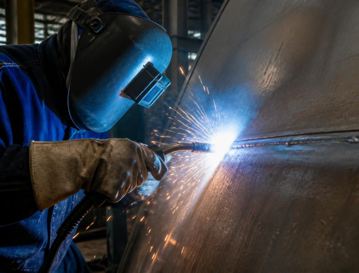 Welder joining a curved steel shell plate during welded silo fabrication